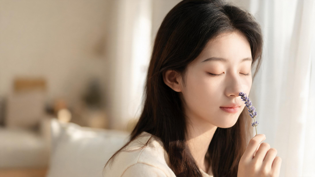Femme sereine sentant un brin de lavande, yeux clos, lumière douce, pause olfactive