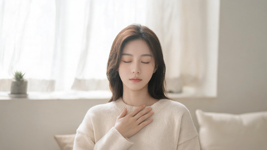 Femme sereine, yeux clos, main sur la poitrine, respiration apaisée dans une lumière douce