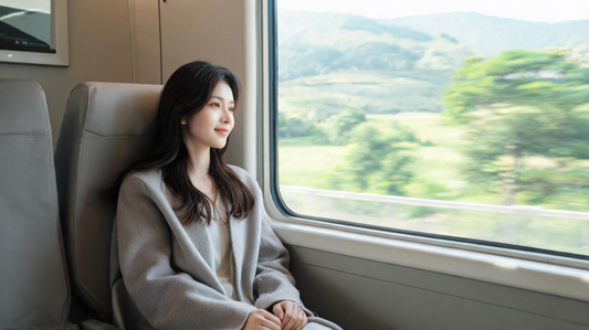 Voyageuse sereine regardant le paysage par la fenêtre du train, bien-être en déplacement