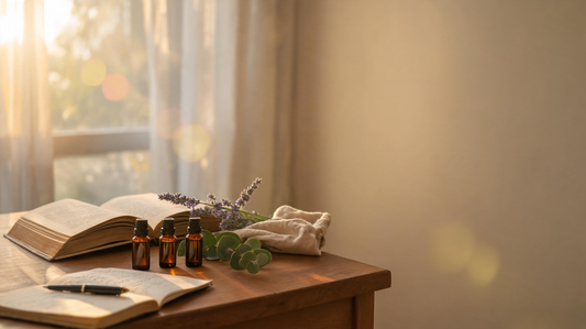 Scène contemplative au bureau, livre ouvert, flacons d'huile essentielle, lavande et eucalyptus, lumière dorée
