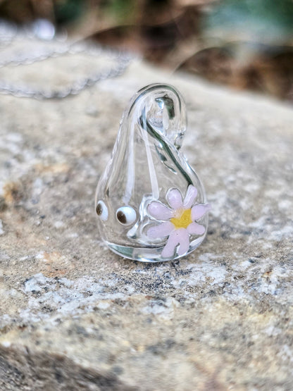 Pendentif en verre P’tite Frimousse avec fleur rose
