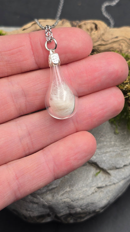 Pendentif souvenir aux poils de chat tenu dans une main, sur chaîne argentée