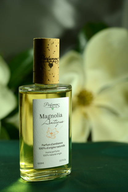 Flacon Magnolia Antique de Parfumens devant une fleur blanche